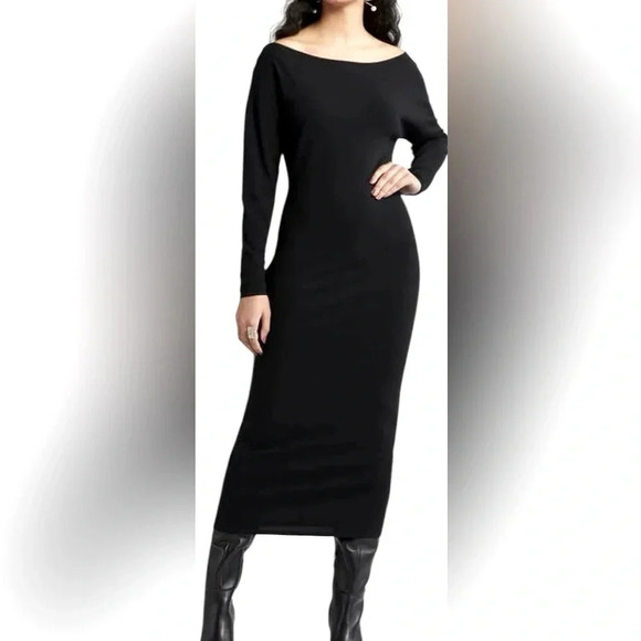Open Edit Dresses & Skirts - Open Edit (Nordstrom) Black Knit Long Sleeve Midi Dress with Off Shoulder Option